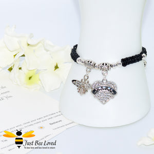 handmade black Shamballa wish charm bracelet for grandmother nana featuring a bee and love heart engraved with "Nana" with sentimental verse card