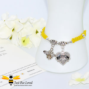 handmade yellow Shamballa wish charm bracelet for grandmother nana featuring a bee and love heart engraved with "Nana" with sentimental verse card