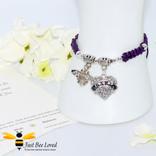 Load image into Gallery viewer, Purple Shamballa wish bracelet featuring a crystal bee and heart engraved with "Nana" with grandmother verse card