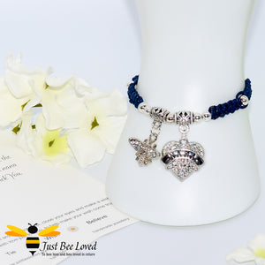 handmade navy Shamballa wish charm bracelet for grandmother nana featuring a bee and love heart engraved with "Nana" with sentimental verse card