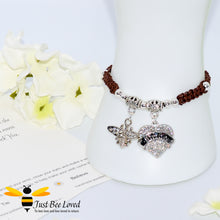 Load image into Gallery viewer, handmade brown Shamballa wish charm bracelet for grandmother nana featuring a bee and love heart engraved with &quot;Nana&quot; with sentimental verse card