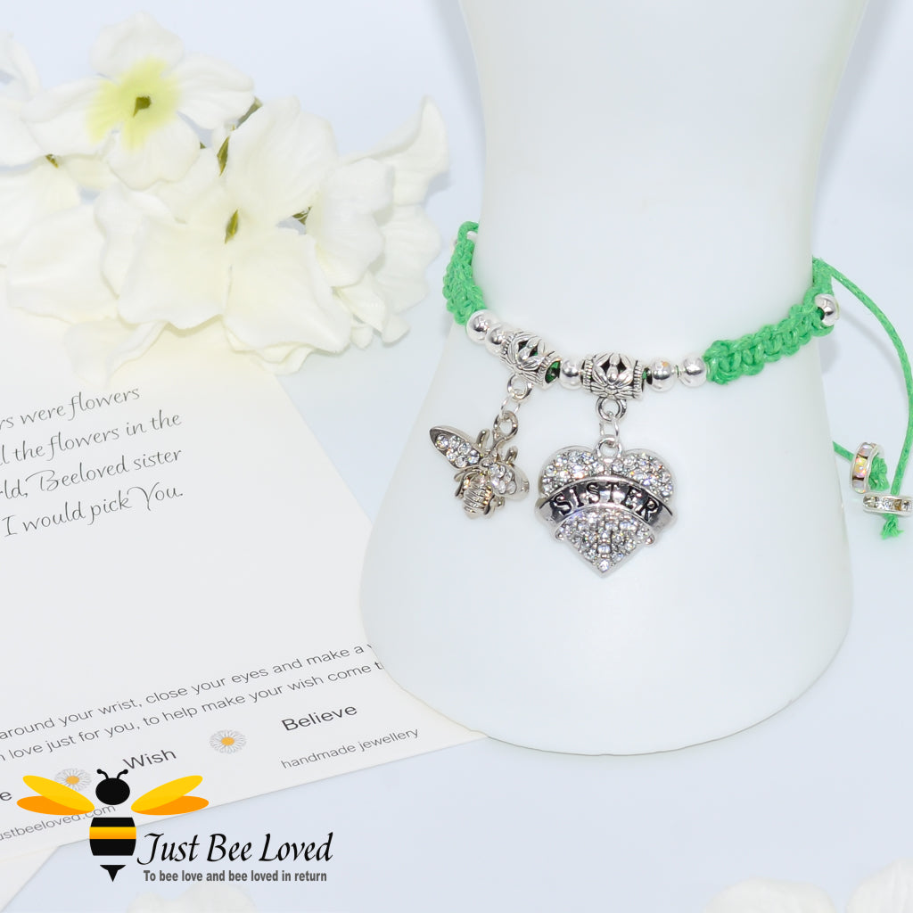 handmade green Shamballa wish charm bracelet featuring a bee and love heart engraved with 