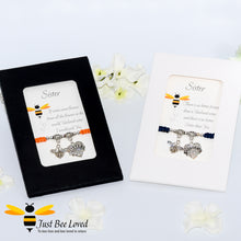 Load image into Gallery viewer, Shamballa wish charm bracelets featuring a bee and heart engraved with "Sister" and sister verse cards