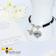 Load image into Gallery viewer, Black Shamballa wish bracelet featuring a crystal bee and heart charm engraved with "Sister" and a sister verse card.
