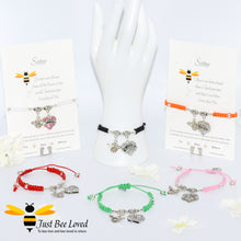 Load image into Gallery viewer, handmade Shamballa wish charm bracelets featuring a bee and love heart engraved with &quot;Sister&quot; with sentimental verse display cards