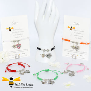 handmade Shamballa wish charm bracelets featuring a bee and love heart engraved with "Sister" with sentimental verse display cards