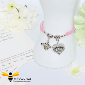 handmade pink Shamballa wish charm bracelet featuring a bee and love heart engraved with "Sister" with sentimental verse display card