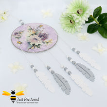 Load image into Gallery viewer, Handmade wooden dream catcher with bumble bees, purple flowers, crystals