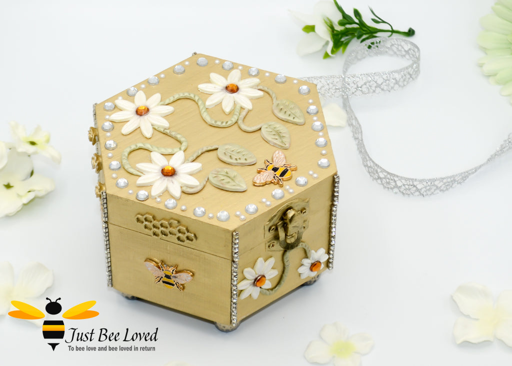 Handmade Wooden Hexagon Jewellery Box featuring clay modelled daisy flowers, pearls and golden bees, by Just Bee Loved