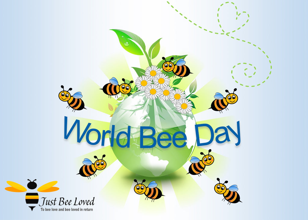 World Bee Day Picture of the earth with bees flying around the globe from Just Bee Loved