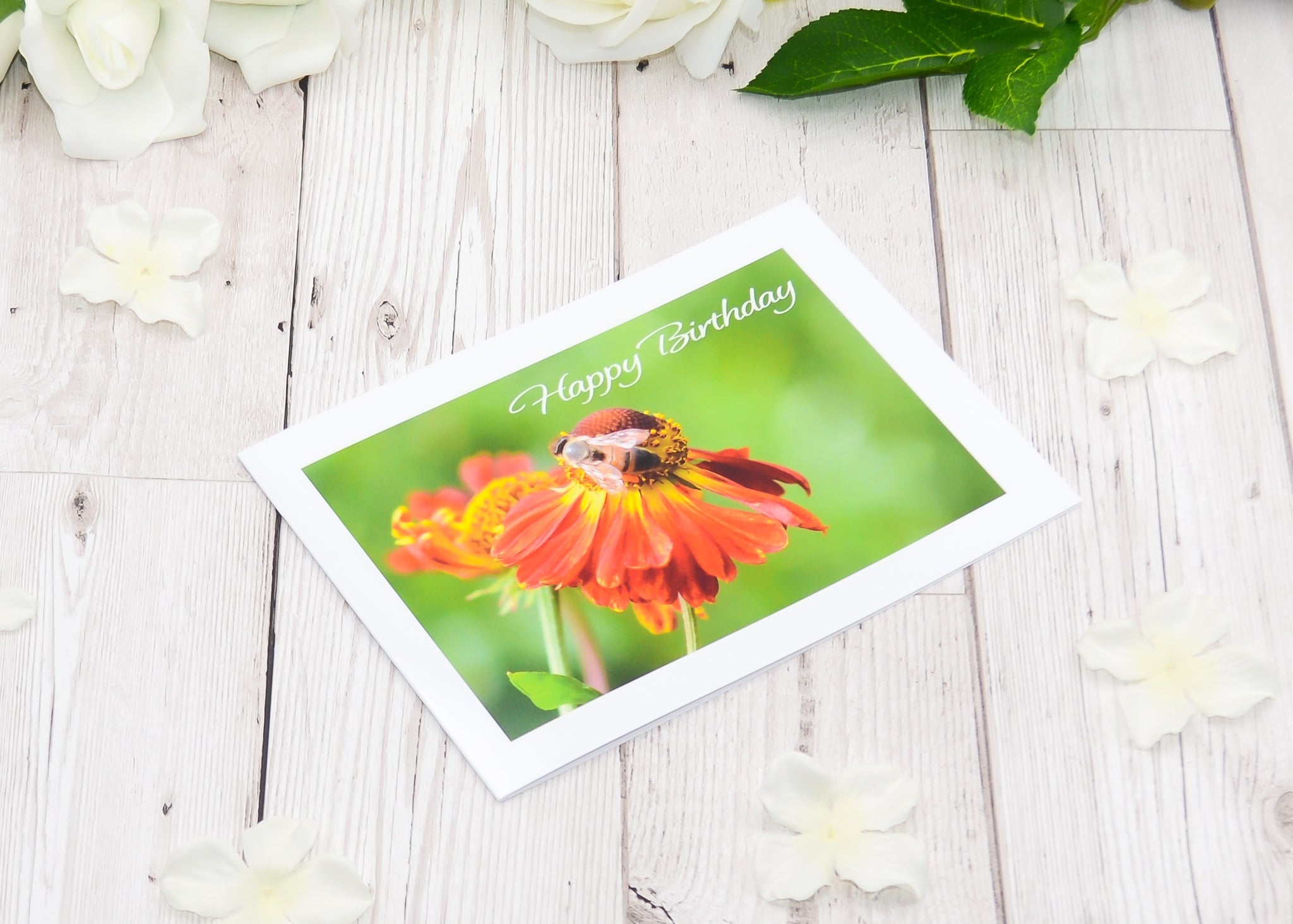 a photographic greeting card of honey bee on helenium flower