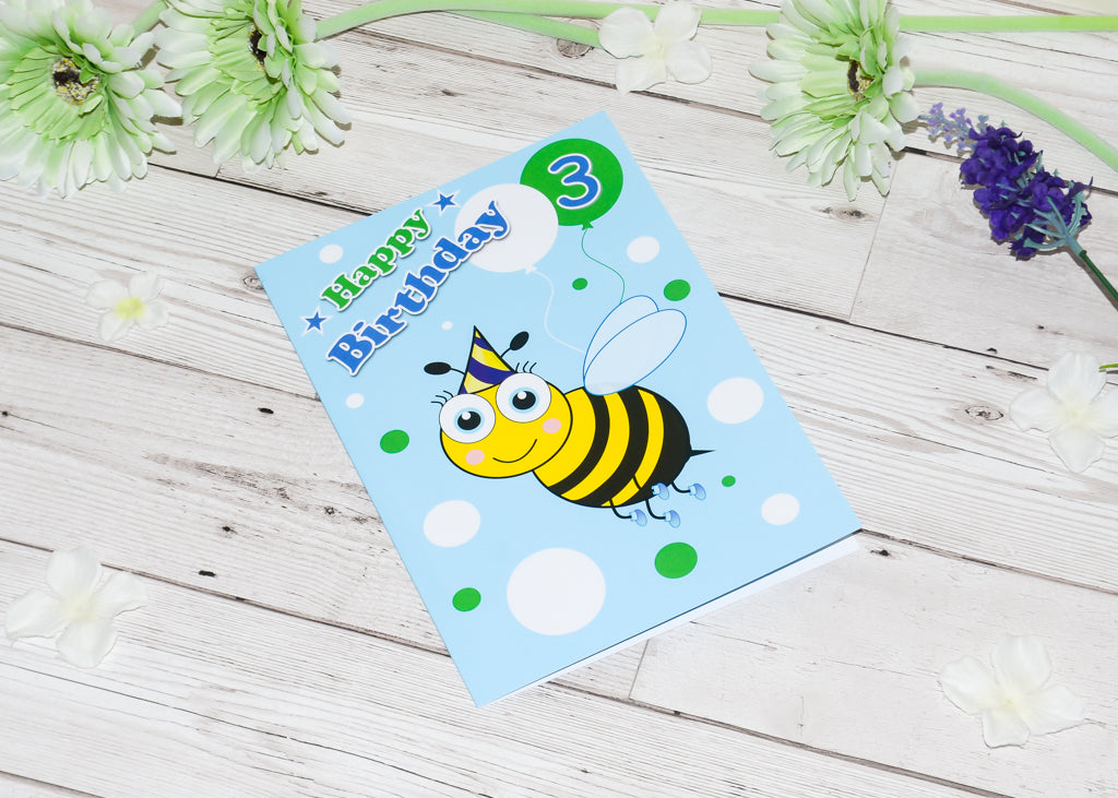 an image of a 3rd birthday bee card featuring a cartoon illustration of a bee wearing a party hat