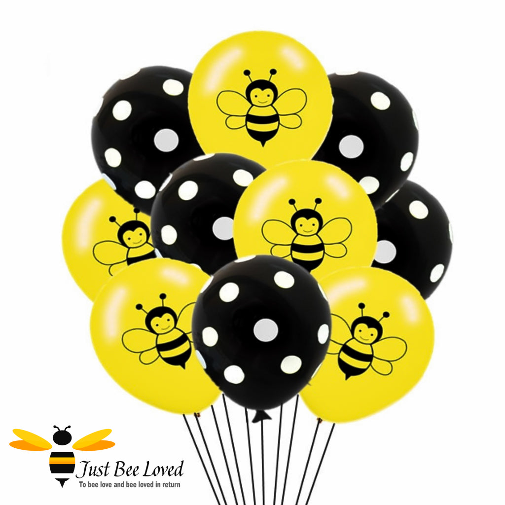A set of bee themed balloons in yellow and black colour with bees and polkadot.