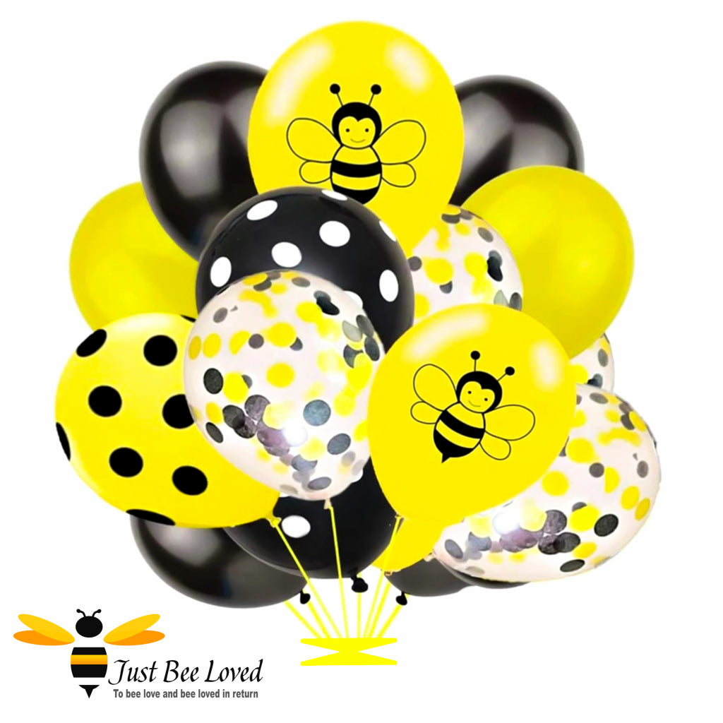 12 piece bee themed balloon bouquet with polka dots, bees, black, yellow and confetti.