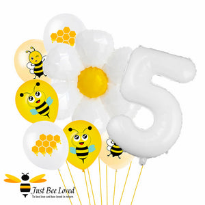 5th Birthday Bees and daisy white balloon bouquet
