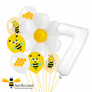 7th Birthday Bees and daisy white balloon bouquet