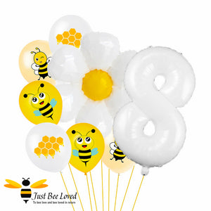8th Birthday Bees and daisy white balloon bouquet