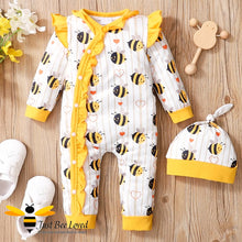 Load image into Gallery viewer, Baby girl&#39;s bumble bee bodysuit romper matching tie-top hat set