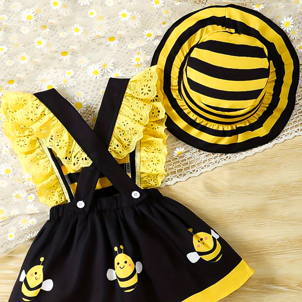 Baby girl's sleeveless frill black and yellow bee dress matching hat set