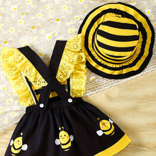 Load image into Gallery viewer, Baby girl&#39;s sleeveless frill black yellow bee dress matching hat set