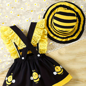 Baby girl's sleeveless frill black yellow bee dress matching hat set