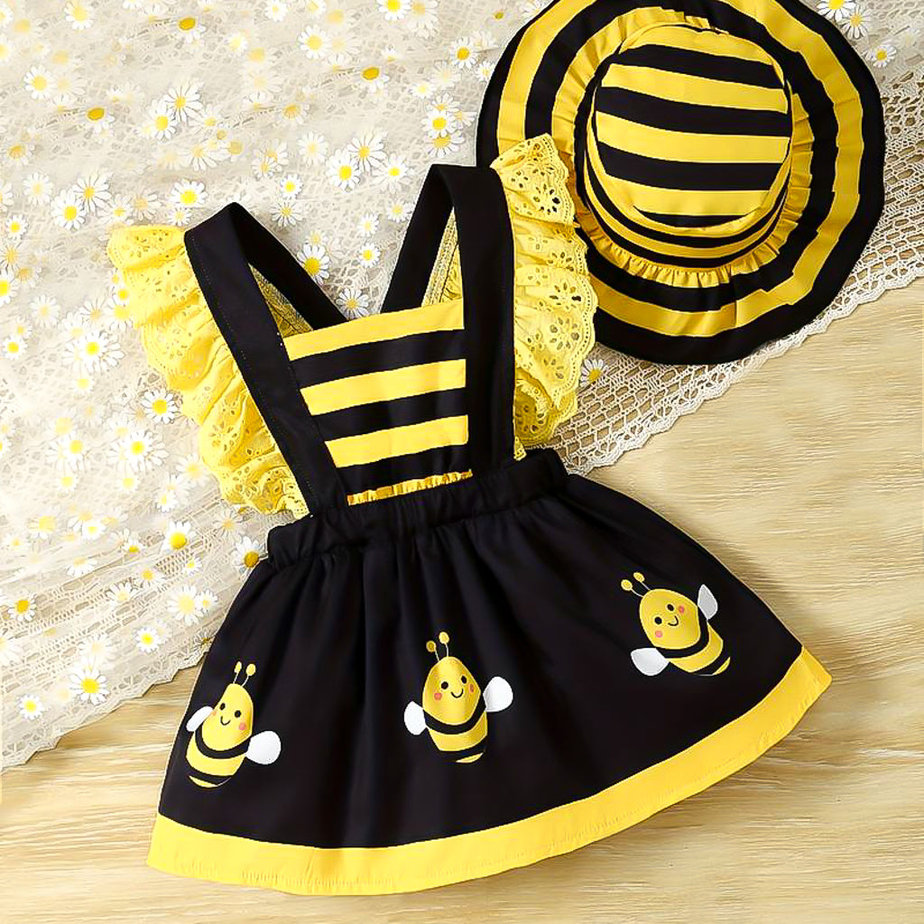 Baby girl's sleeveless frill black yellow bee dress matching hat set