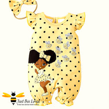 Load image into Gallery viewer, Yellow bumble bee romper and headband set with black  girl afro puffs