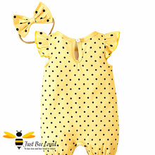 Load image into Gallery viewer, Yellow bumble bee romper and headband set with black girl afro puffs