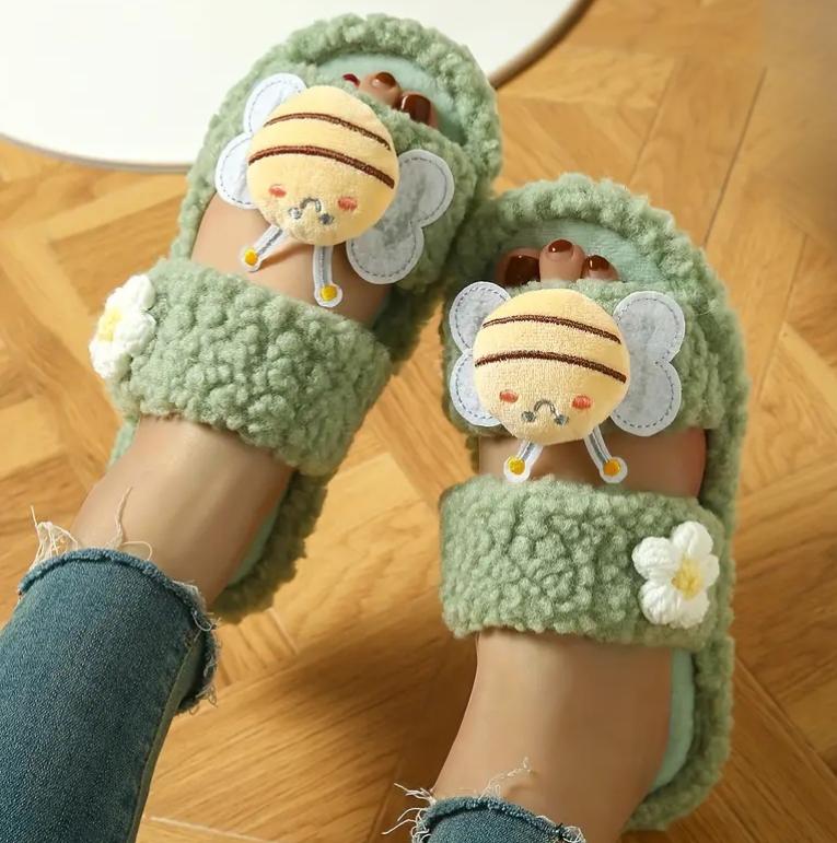Bee & Daisy Plush Green Slippers - Sizes 3-10 UK