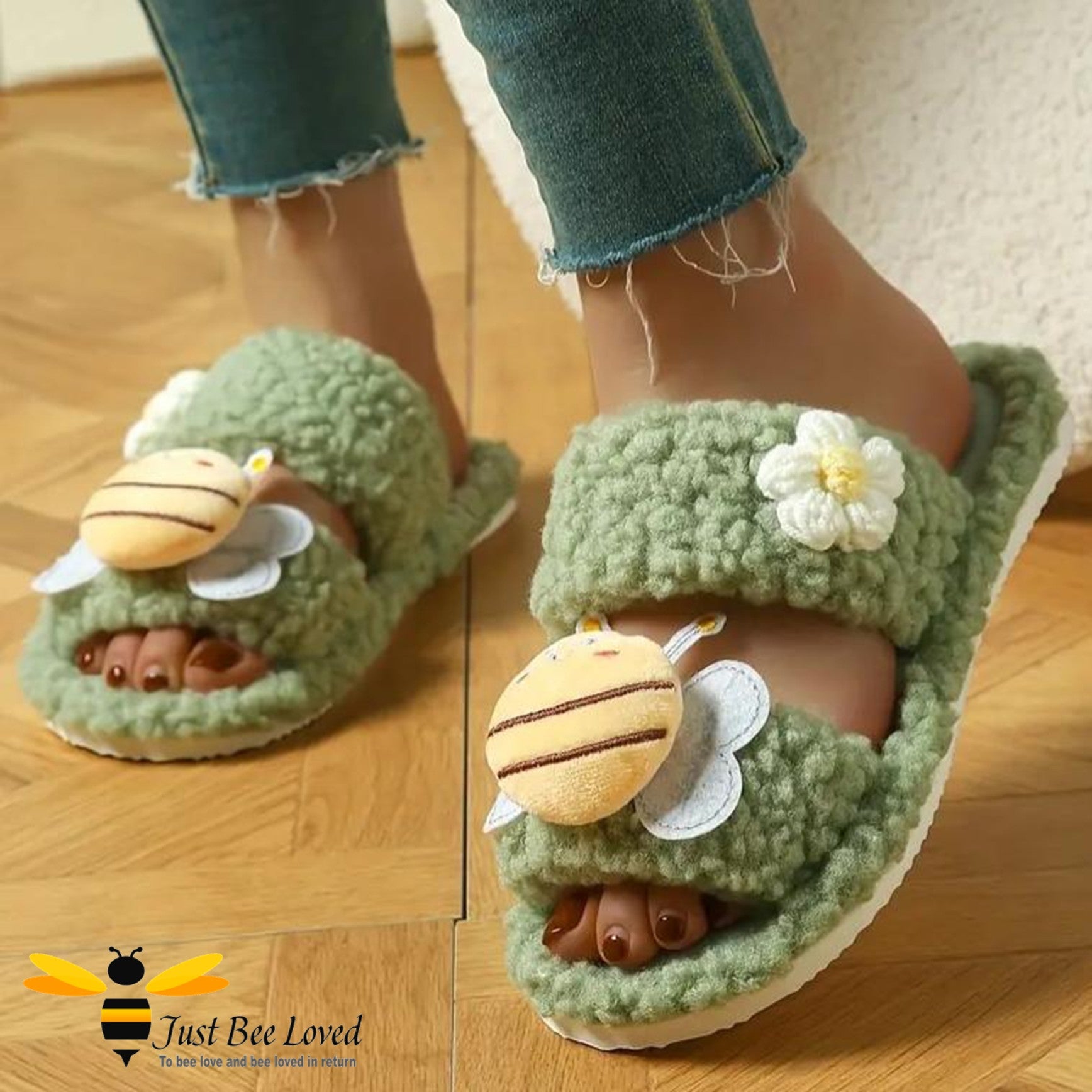 Bee & Daisy Plush Green Slippers - Sizes 3-10 UK