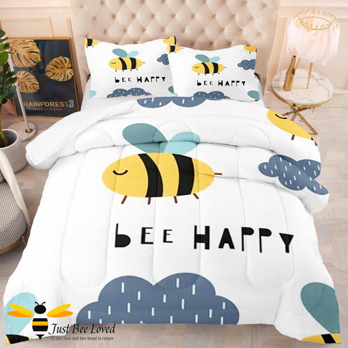 White and blue bedding set with bee design and 'Bee Happy' text 