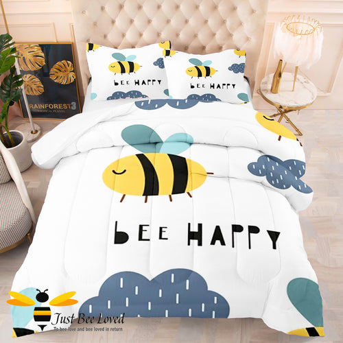 White and blue duvet cover set with bees and 