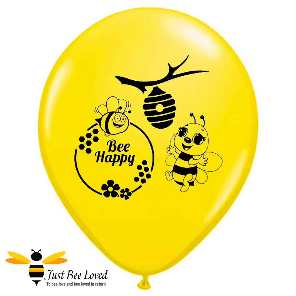 Bee happy yellow latex balloon with bees and beehive.