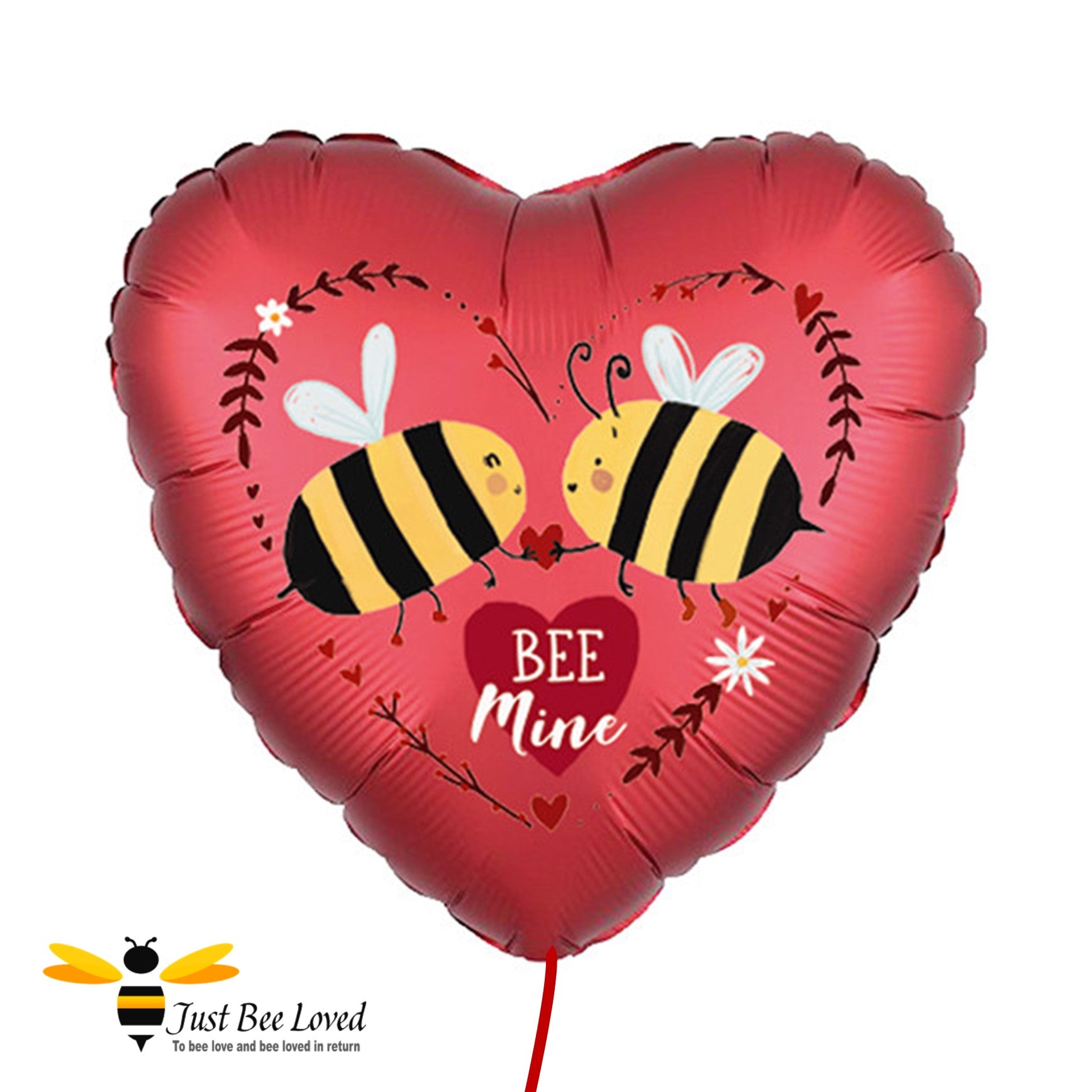 An 18 inch red heart-shaped foil balloon with two cartoon bees and the text 'BEE MINE' printed on it.