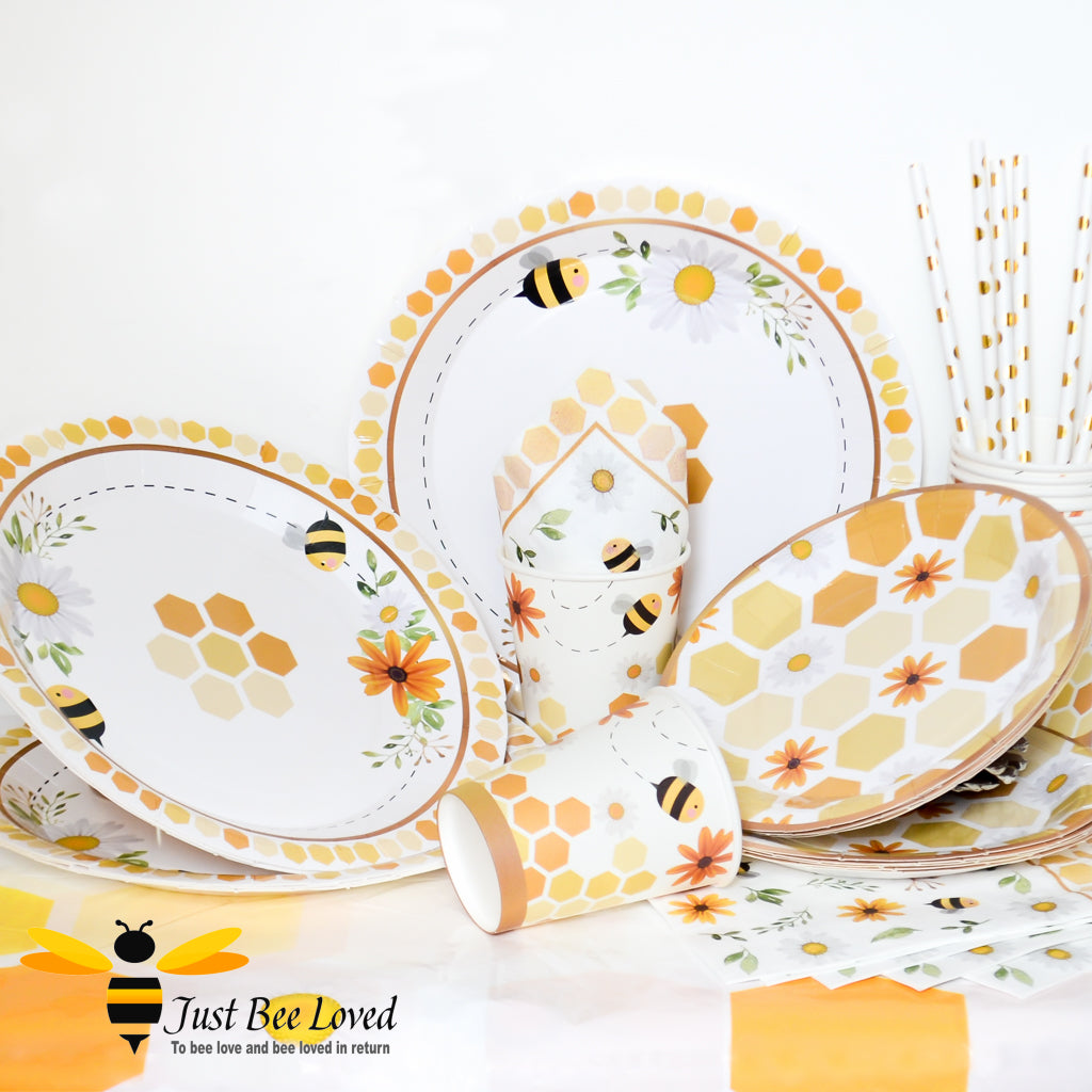 Bee themed party disposable tableware set, includes plates, cups, napkins, cutlery, straws and table cover.