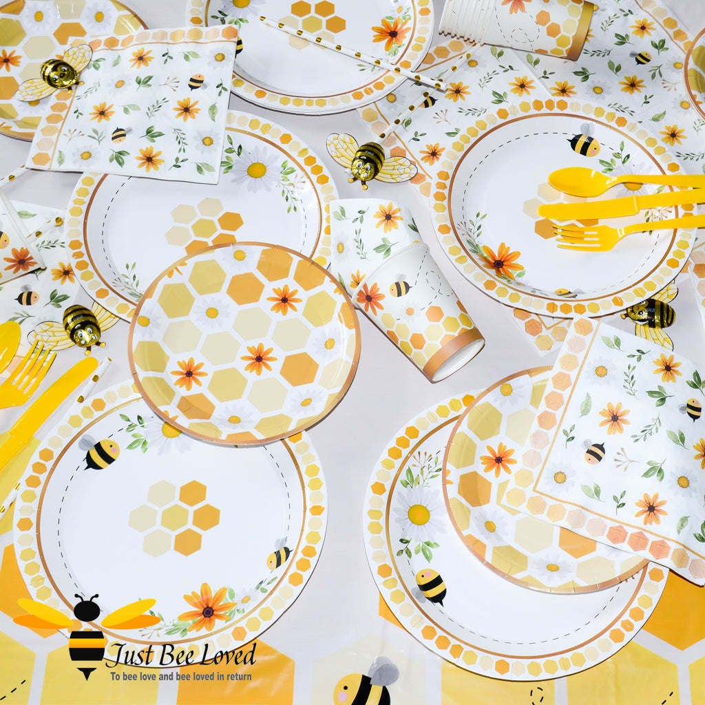 Bee themed party disposable tableware set, includes plates, cups, napkins, cutlery, straws and table cover.