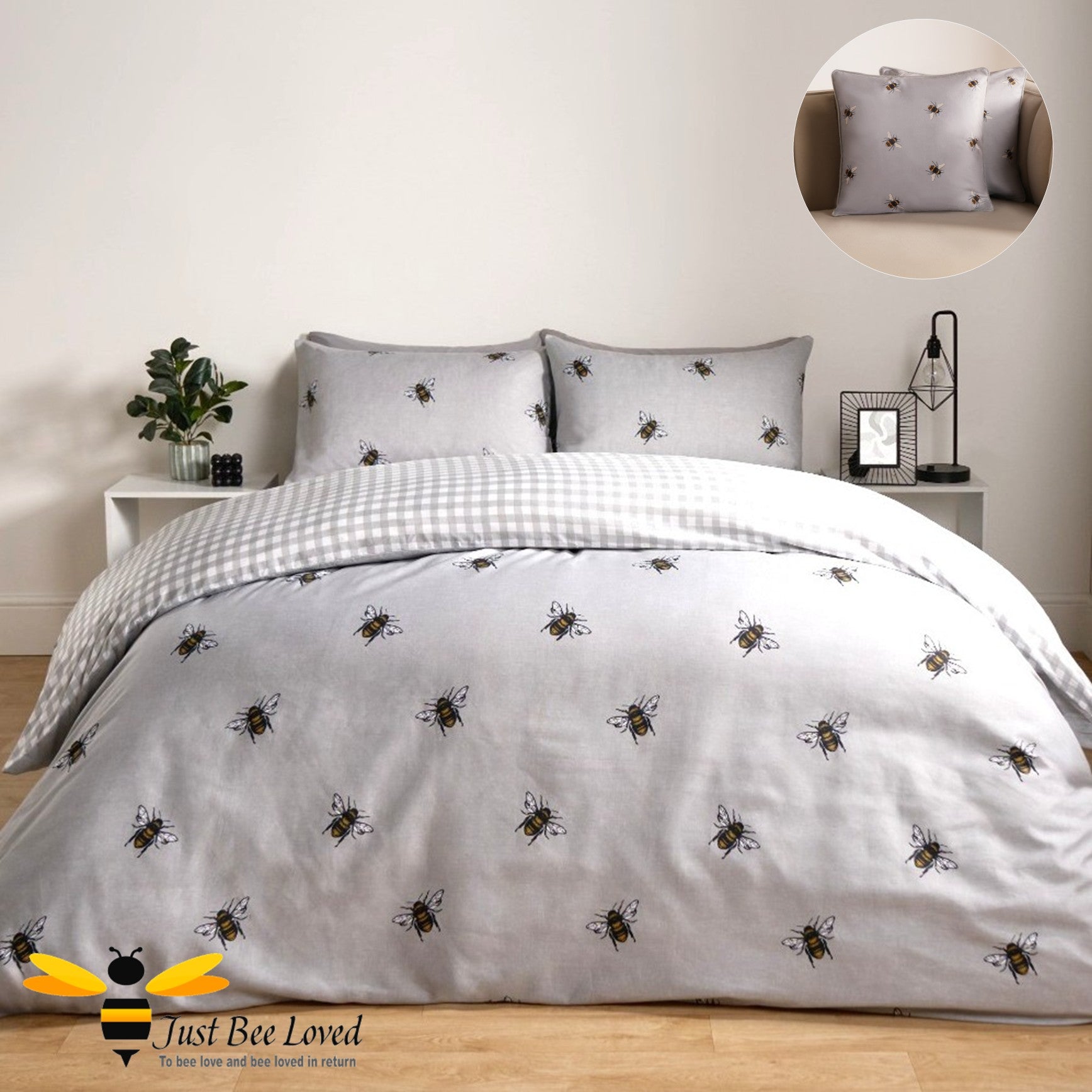 Grey bumble bee reversible duvet cover set.