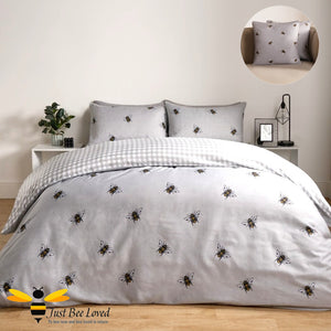 Grey bumble bee reversible duvet cover set.