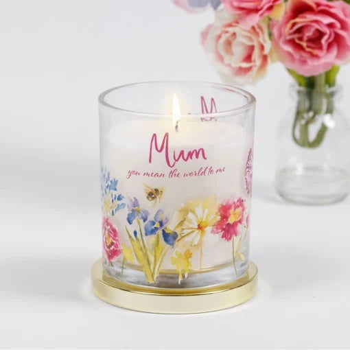 Bee themed candle with gold lid with "mum you mean the world to me" message.