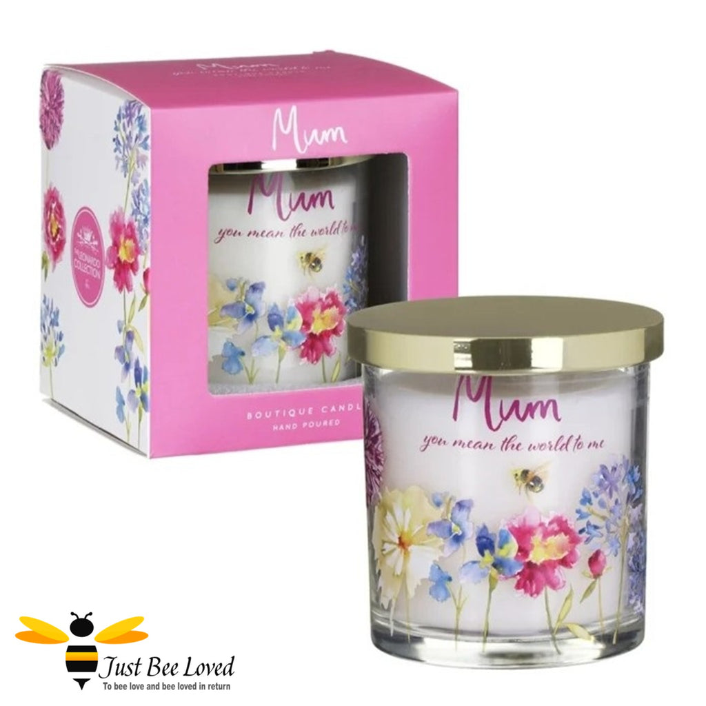 Bee themed gift boxed candle with gold lid with "mum you mean the world to me" message.