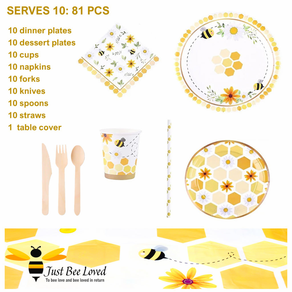 Bee themed party disposable tableware set, includes plates, cups, napkins, cutlery, straws and table cover.