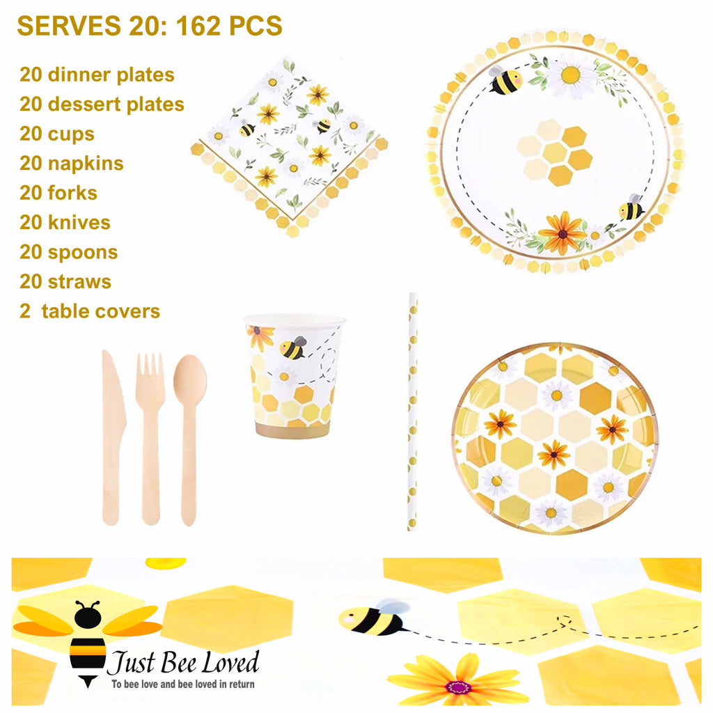 Bee themed party disposable tableware set, includes plates, cups, napkins, cutlery, straws and table cover.