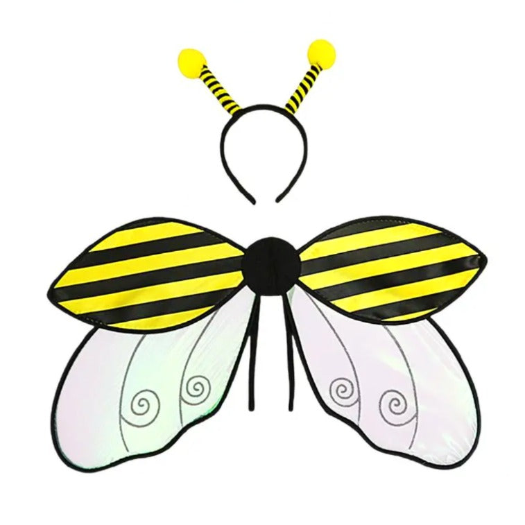 Bee-themed headband and wings set with yellow and black stripes