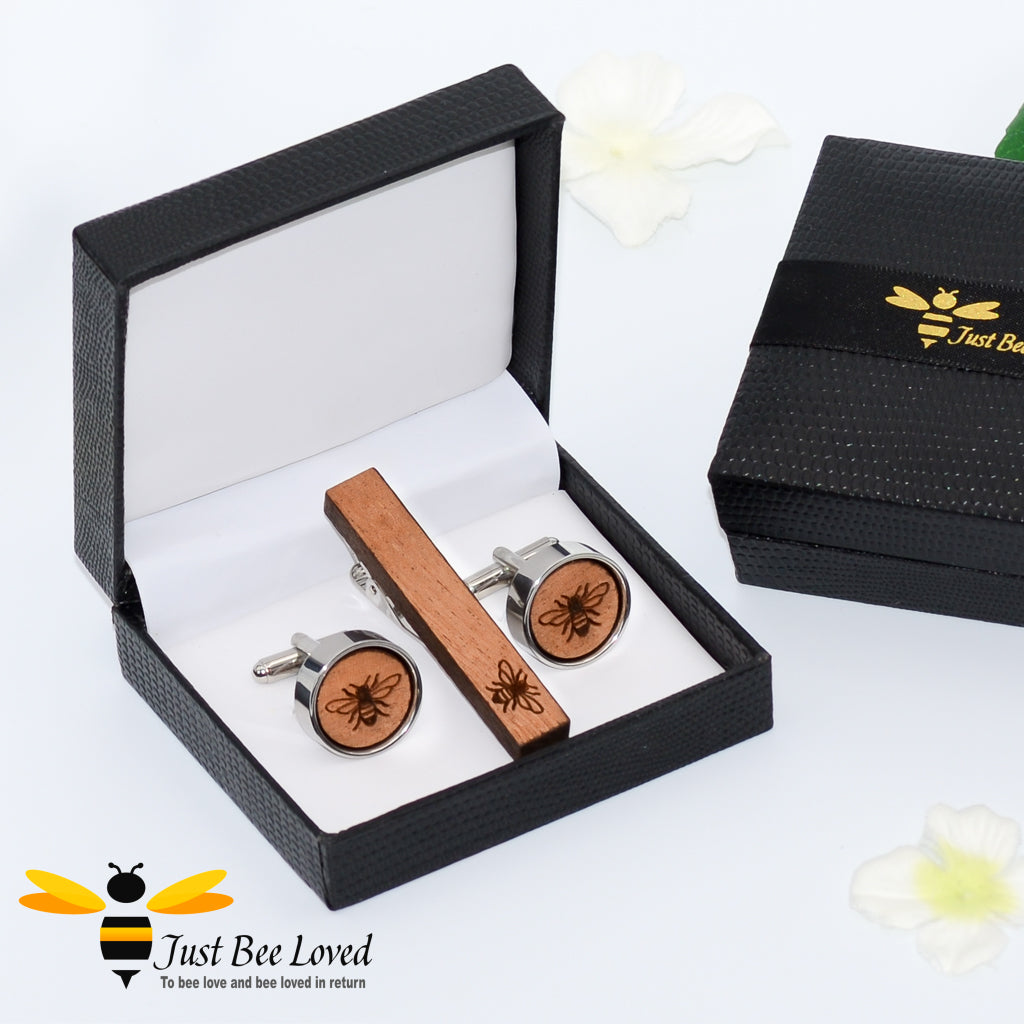 Handmade Engraved Cherry Wood Bee Cufflinks Tie Pin Set