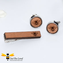 Load image into Gallery viewer, Handmade Engraved Cherry Wood Bee Cufflinks Tie Pin Set
