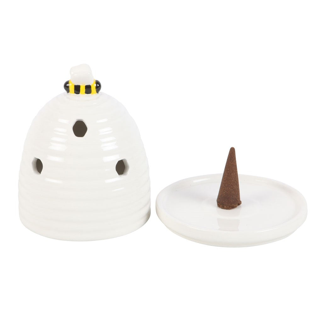 Beehive bee cone incense holder in white