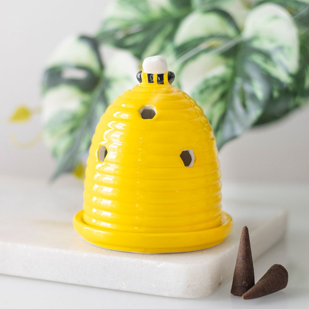 Beehive bee cone incense holder in yellow