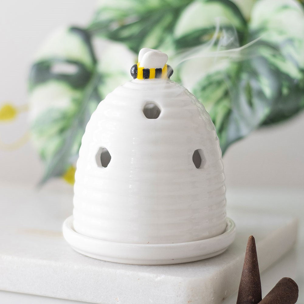 Beehive bee cone incense holder in white