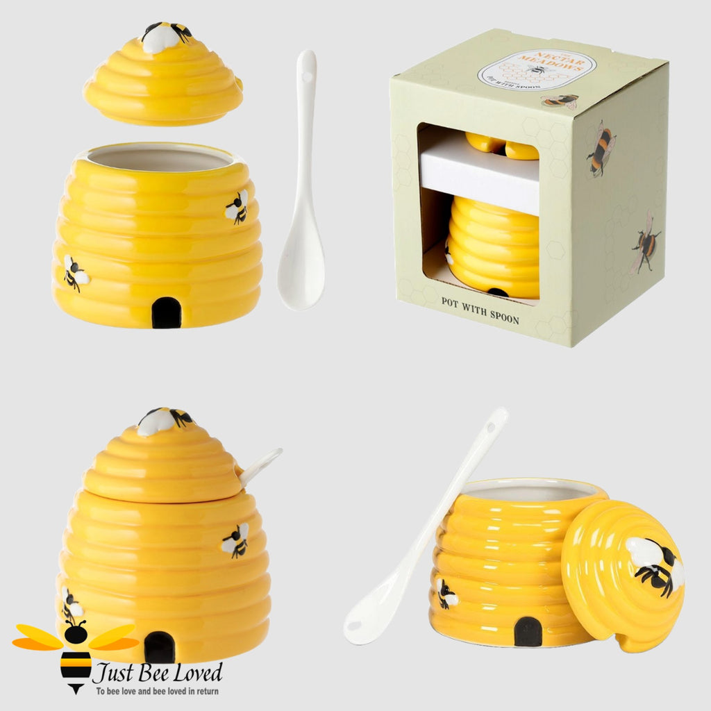 Ceramic bee hive pot with lid and spoon