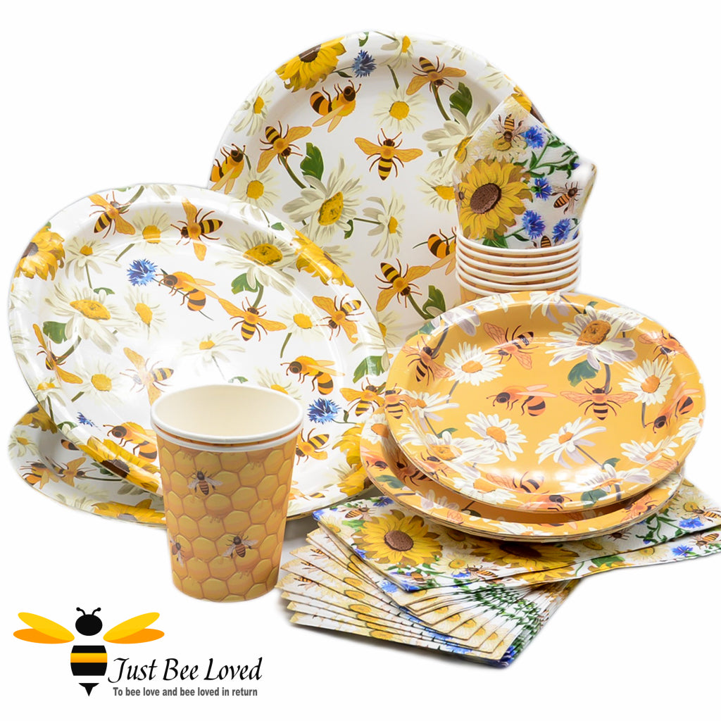Bees sunflowers white and orange tableware party set with plates, napkins and cups.